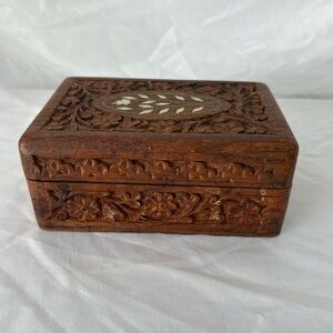 Vintage wooden carved jewelry trinket box storage boho home decor inlay